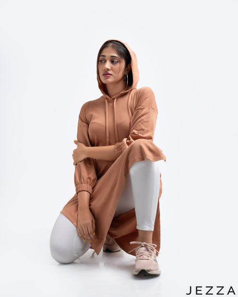Cotton Knit Midi Length Hoodie With Long Sleeves 54641